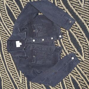 Cropped black distressed cotton denim jean jacket